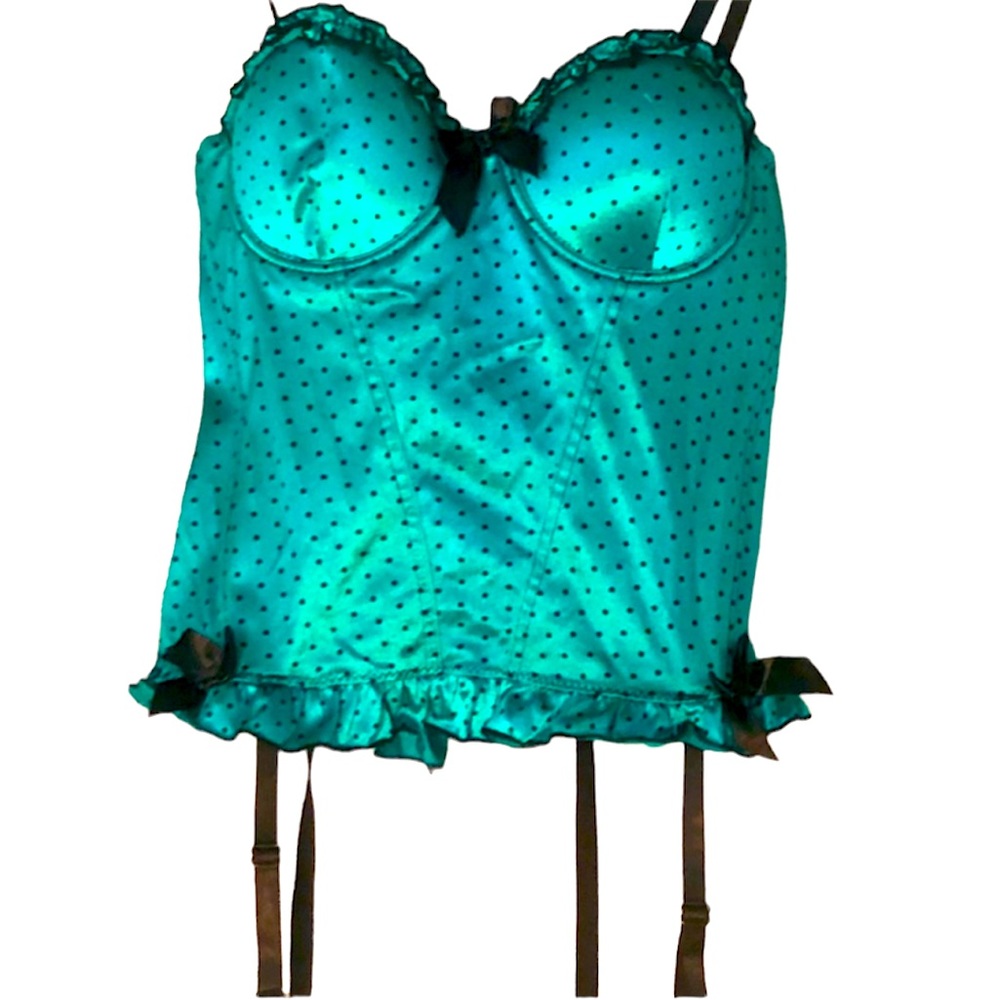 🌞 Morbid Threads Green Black Dots Bustier Corset Built in garter holders women S